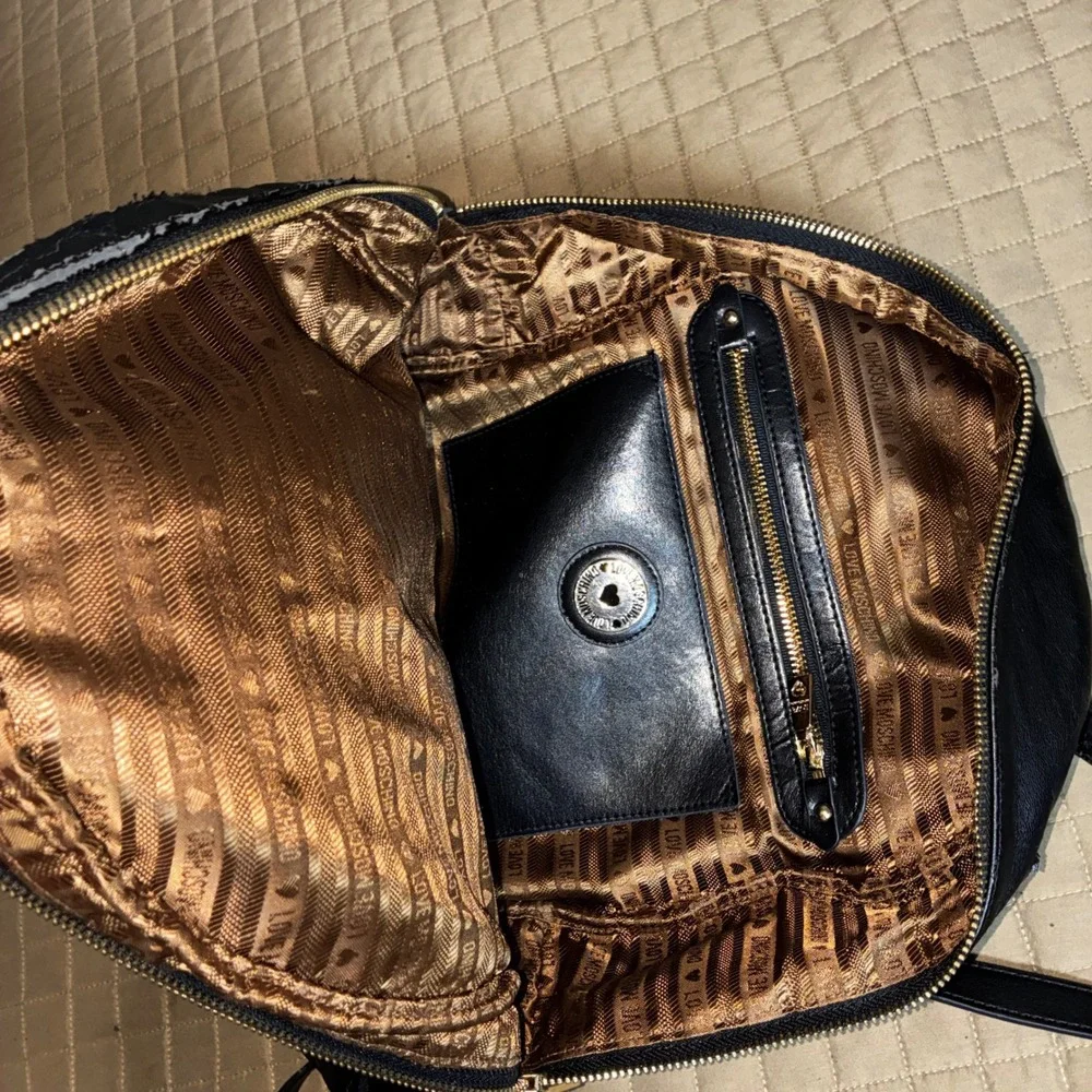 Love‎ Moschino Black Faux Leather Backpack Jeweled Patches Red Logo AS IS Repair